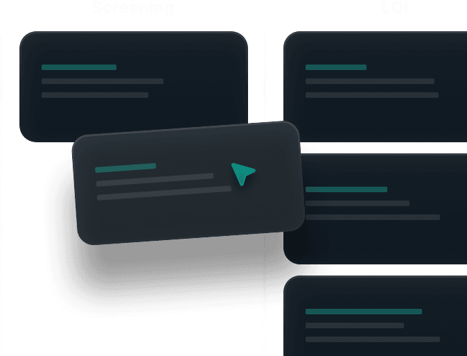 Graphic showing intelligent pipeline tracking with cards labeled Screening and LOI, and a message about managing pipeline data.