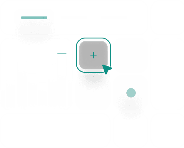 UI elements graphic featuring a bar chart, a plus icon with a pointer, and various buttons arranged in a grid layout.