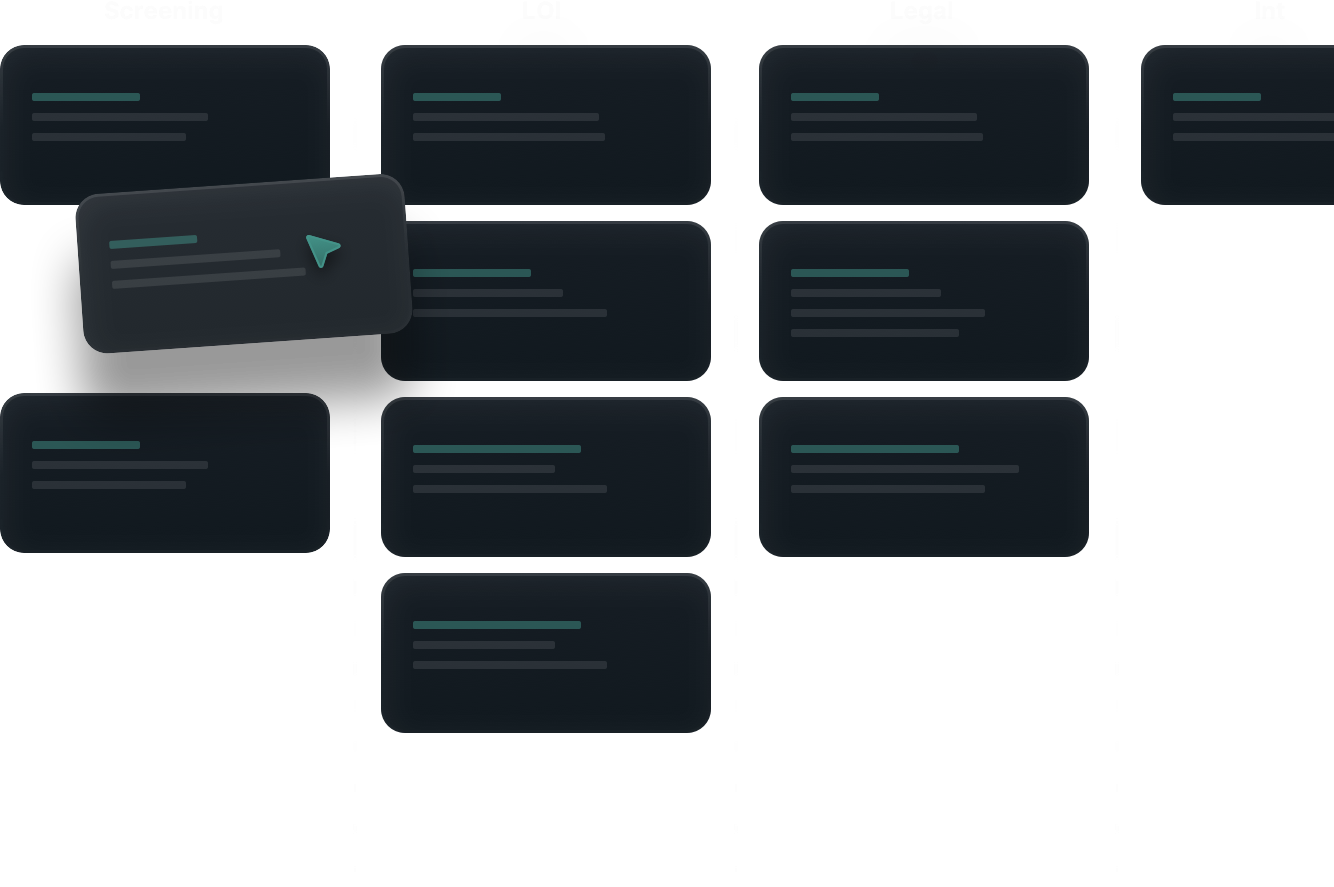 Graphic about intelligent pipeline tracking with cards labeled Screening, LOI, and Legal, and a description emphasizing AI-driven views and dashboards for M&A.